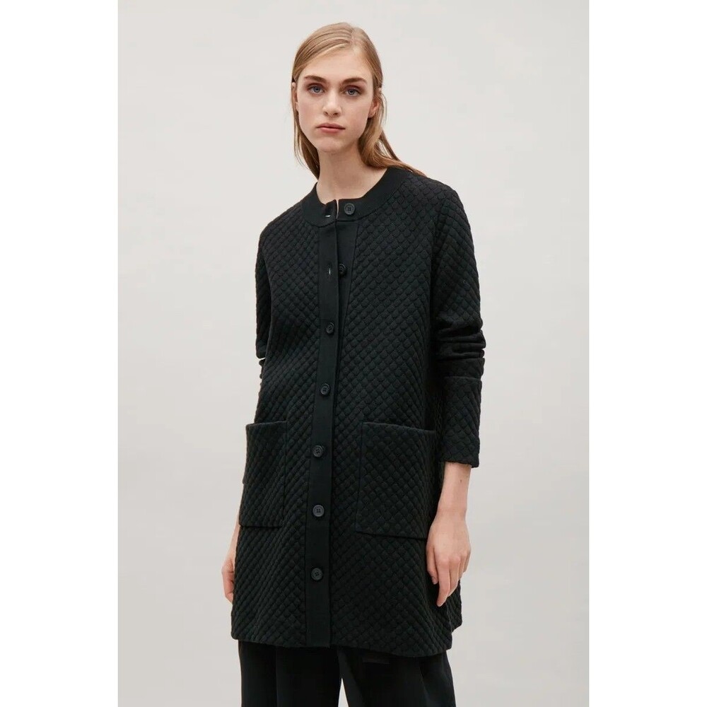 COS Women Black Long Textured Knit Cardigan Big Button Front Duster Quiet Luxury